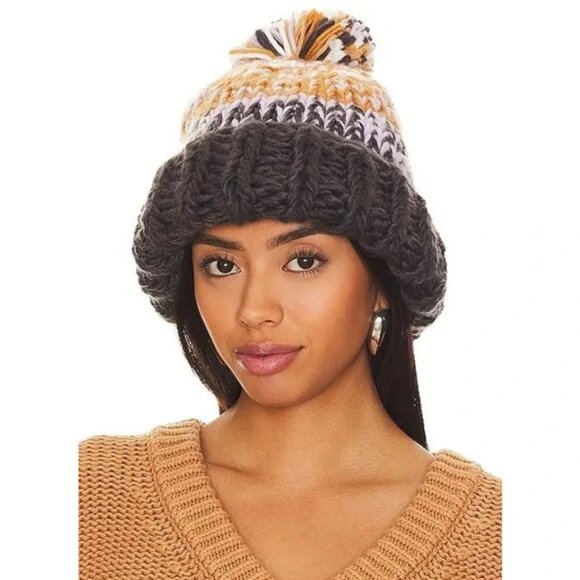 FREE PEOPLE Tide Stripe Knit Pom Beanie Coal - Picture 1 of 5